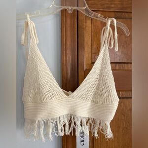 NWT CIDER off white crochet fringe crop top bralette S Small